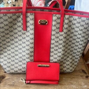 Michael Kors Large Tote and Wristlet Wallet Purse Pair
